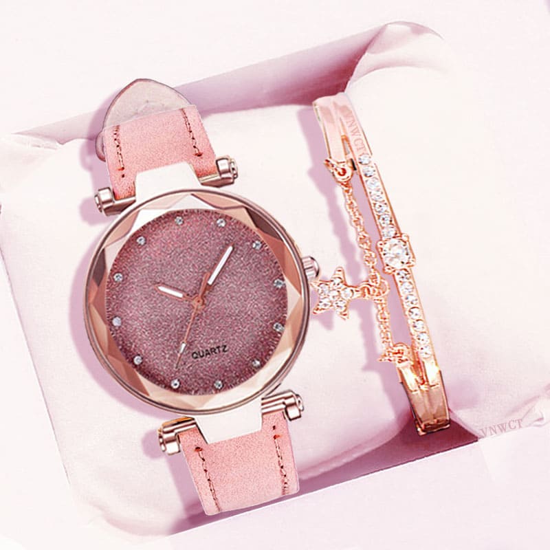 Relógio Feminino de Pulso Analógico Quartzo Casual com Pulseira Céu Estrelado
