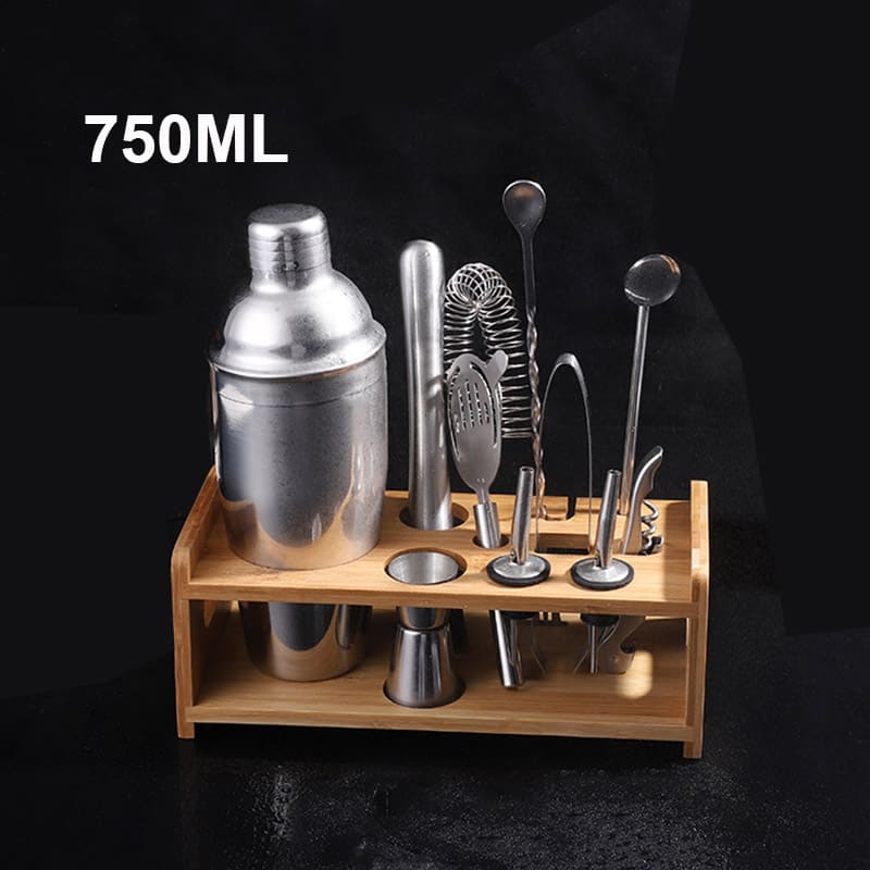 Kit Bartender Barman Coqueteleira Profissional Inox Drinks Coquetéis Suporte Bambu 550ML 750ML