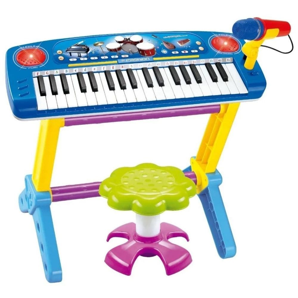 Teclado Piano Musical Infantil Com Microfone Banquinho luzes e Som