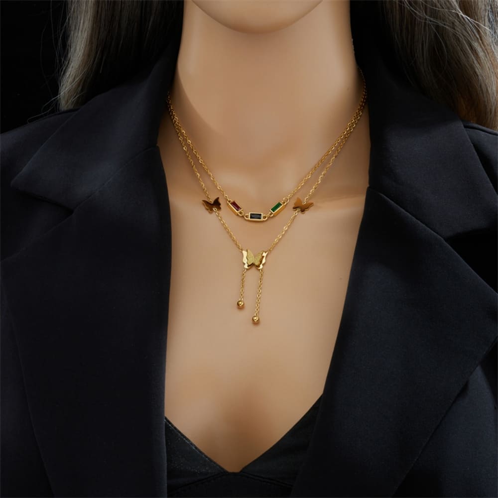 Colar Feminino Duplo Com Borboletas e Pedras Zircônia