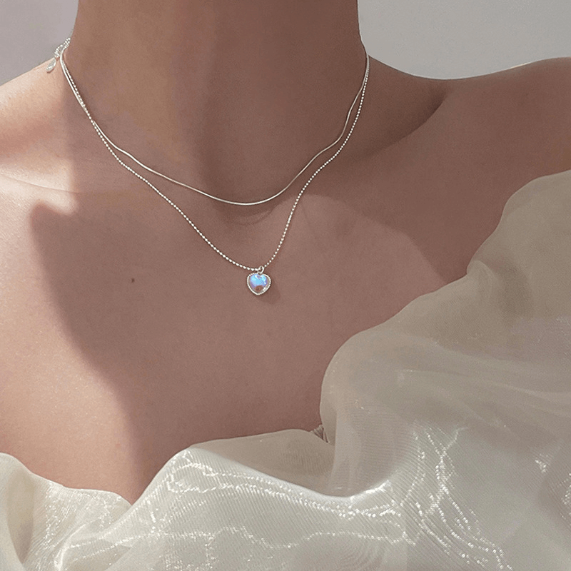 Colar Feminino Prateado Duplo Com Pingente