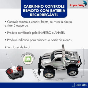 Carrinho de Controle Remoto Recarregável Caminhonete Pickup 4x4 Monster BW026VM