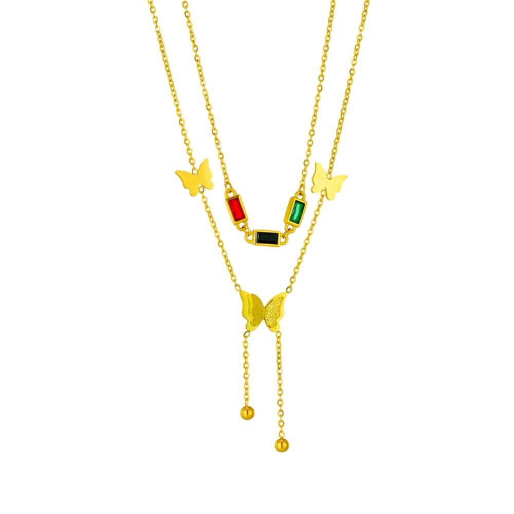 Colar Feminino Duplo Com Borboletas e Pedras Zircônia