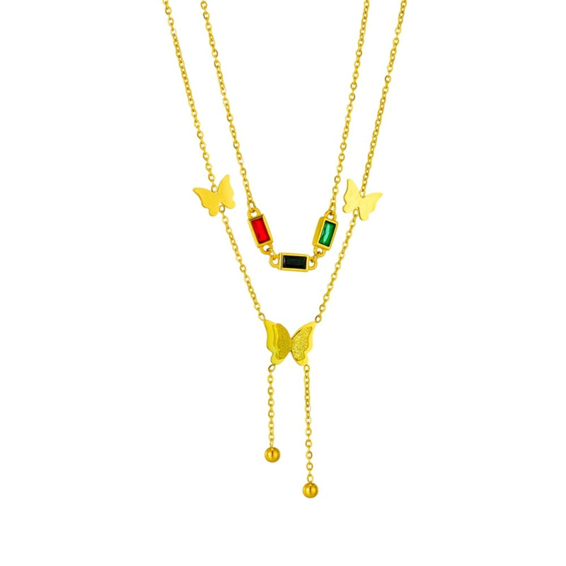 Colar Feminino Duplo Com Borboletas e Pedras Zircônia