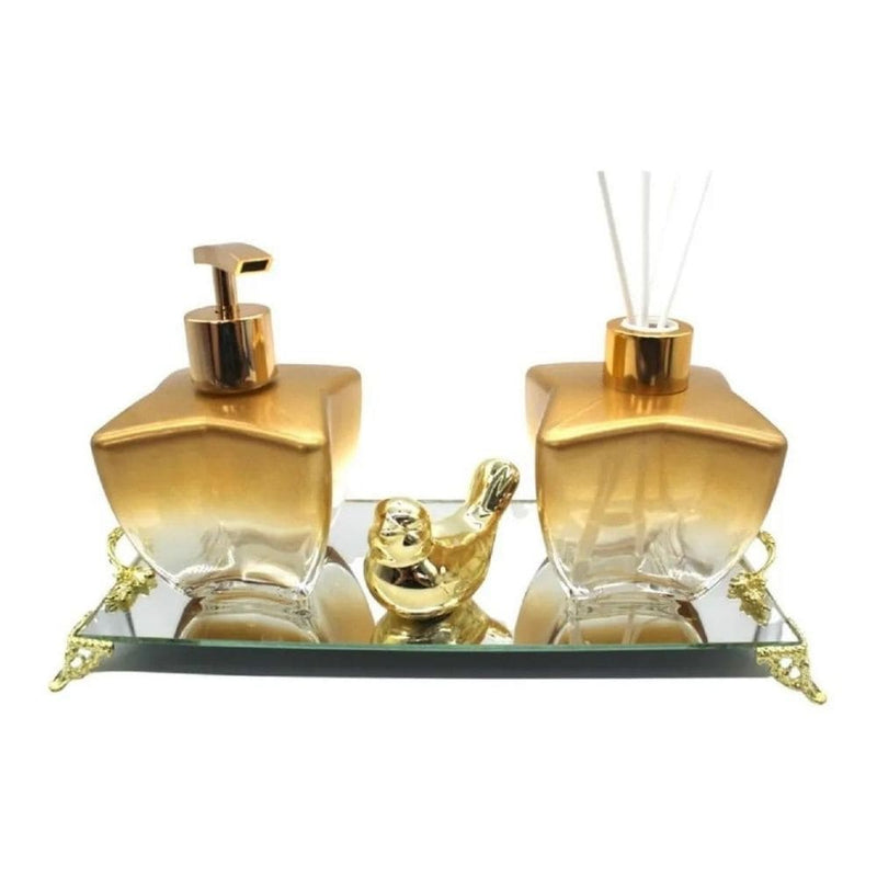 Kit Lavabo Banheiro Estrela Dourado Degrade Luxo com Difusor Saboneteira e Bandeja Espelhada