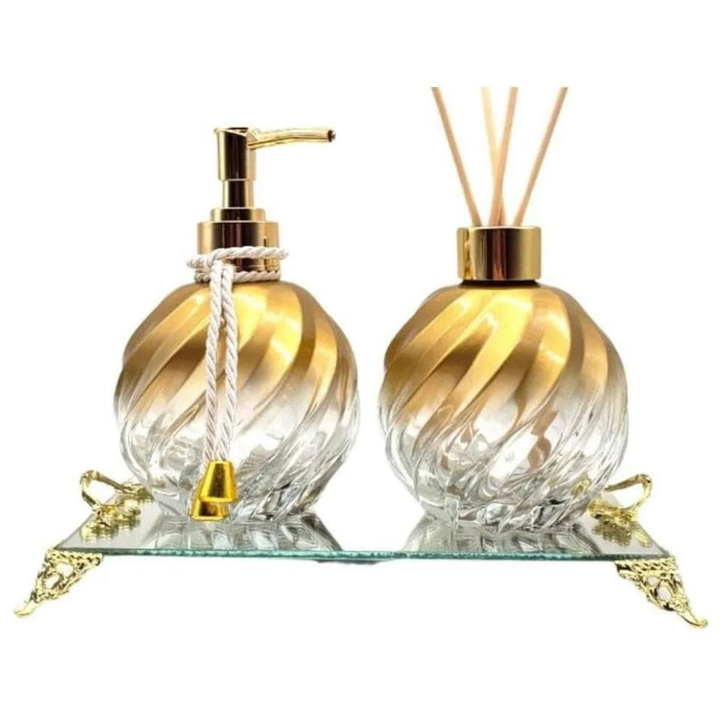 Kit Lavabo Banheiro Vidro Espiral Dourado Luxo com Difusor Saboneteira e Bandeja Espelhada