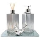 Kit Lavabo Banheiro Vidro Retangular Prata Degrade Luxo Difusor Saboneteira e Bandeja Espelhada