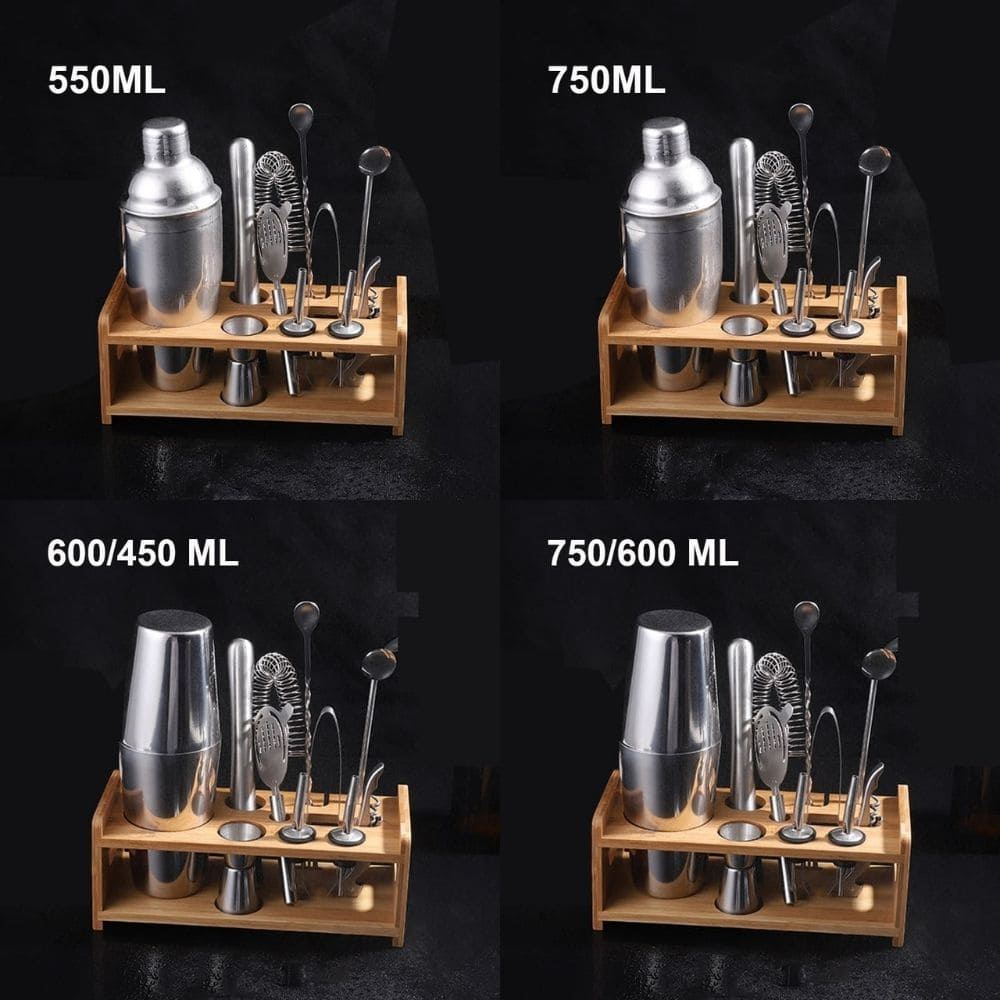 Kit Bartender Barman Coqueteleira Profissional Inox Drinks Coquetéis Suporte Bambu 550ML 750ML