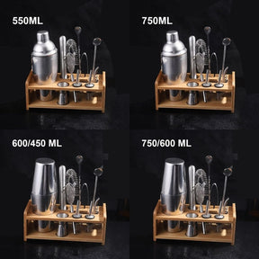 Kit Bartender Barman Coqueteleira Profissional Inox Drinks Coquetéis Suporte Bambu 550ML 750ML