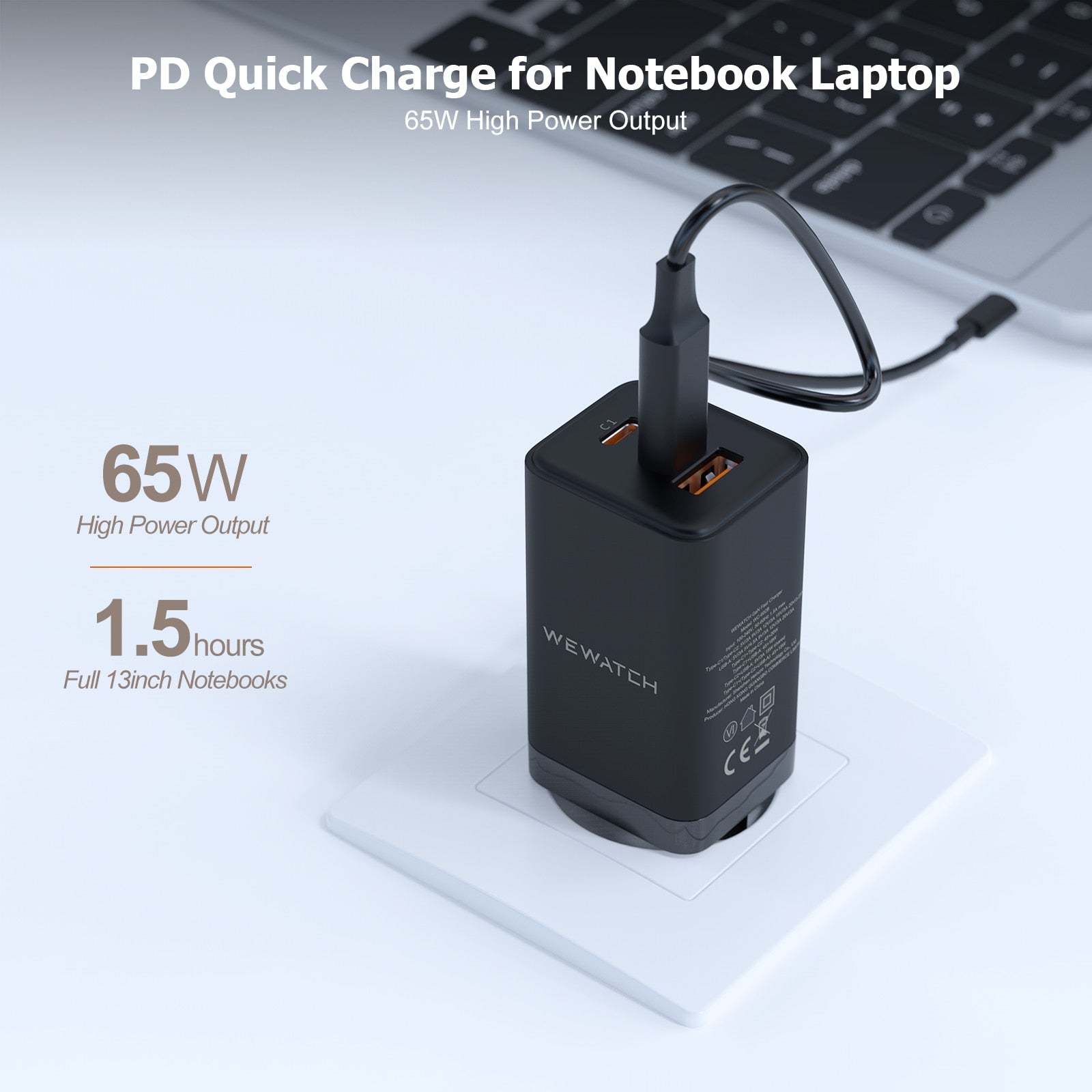 Carregador Portátil Wewatch 65W Pequeno Tipo C GaN Turbo