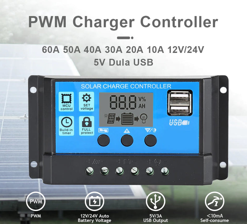 Controlador de Carga Solar LCD PWM 10-60A 12V 24V