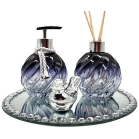 Kit Lavabo Porta Sabonete Líquido Aromatizador Difusor Azul Bandeja Espelhada