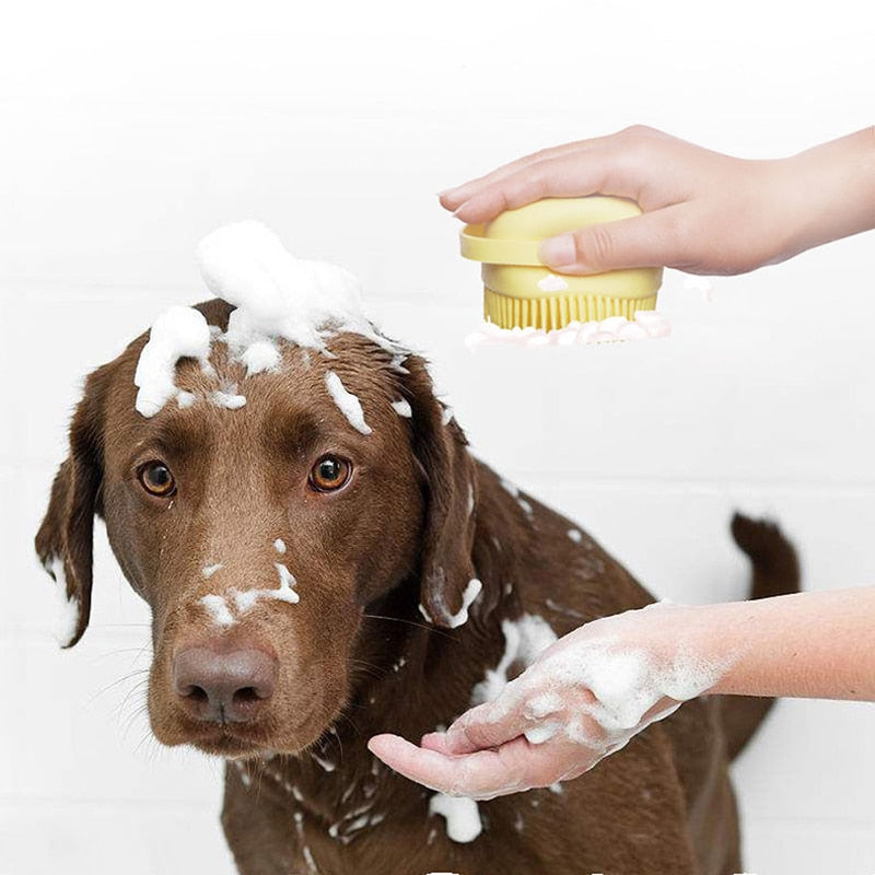 Escova de Silicone com Porta Shampoo para Pet