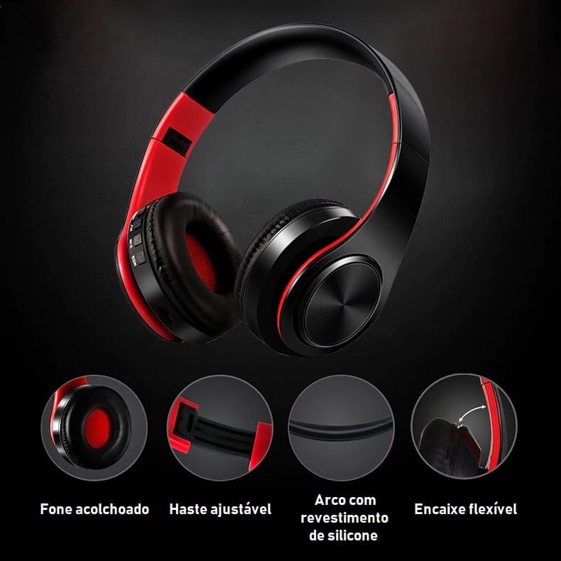 Fone de Ouvido Bluetooth Sem Fio Micro SD Equalizador FM